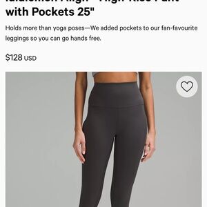 NWT Align HR pant 25”pockets lululemon athletica High-Rise Black Leggings. Camo.